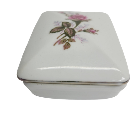 * Ceramic trinket jewelry box rose painted detail 4"X 1.5" vintage  japan - Picture 7 of 13